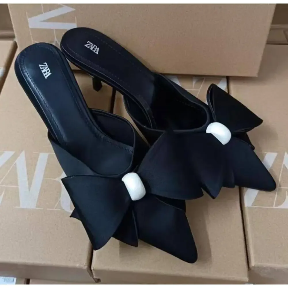 ZARA Black Satin Bow Pearl Slingback Heels NWT Pointed Toe Size 6.5